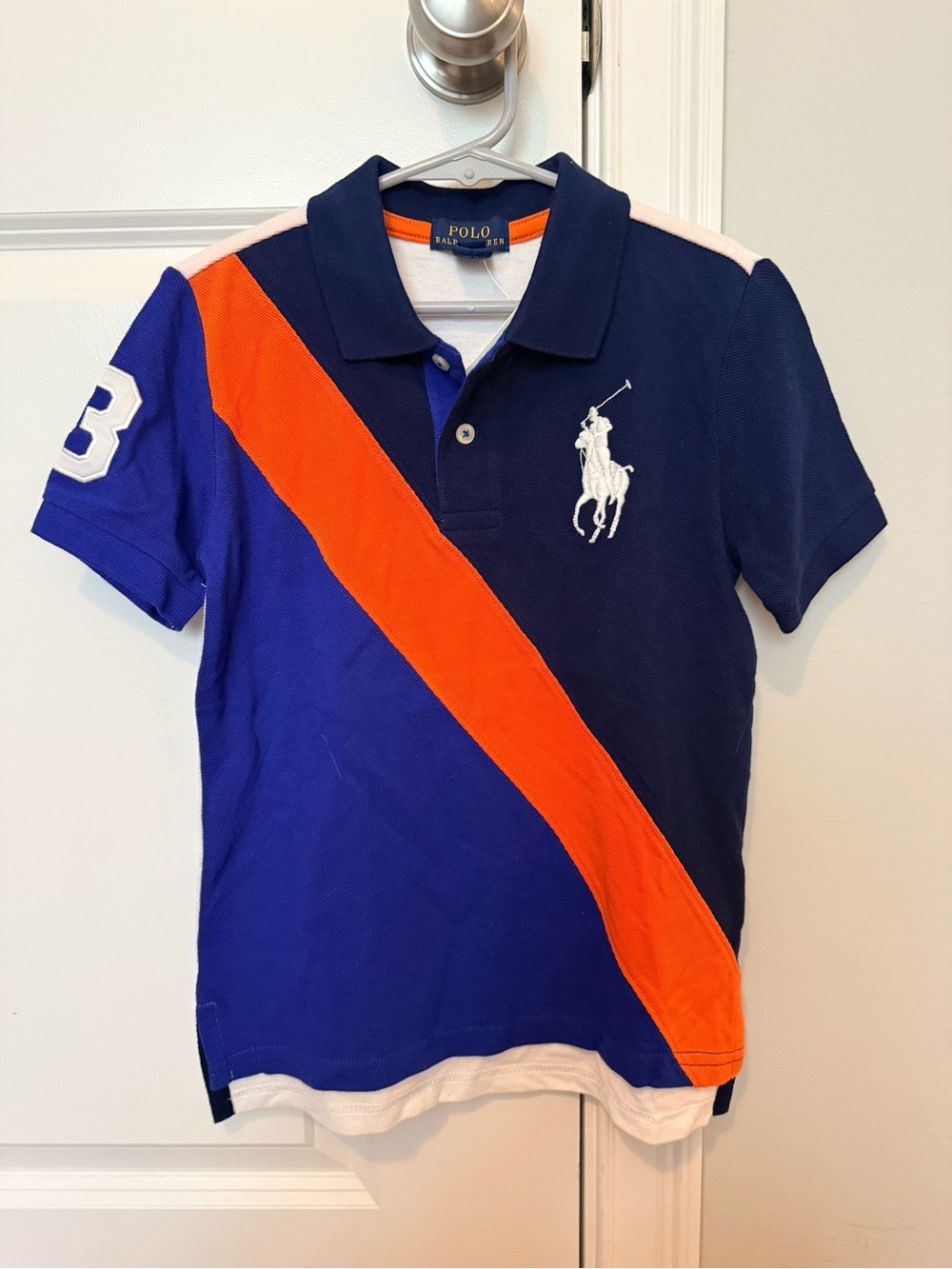 Boys size 6 Ralph Lauren Navy, Royal Blue & Orange Diagonal Stripe Polo